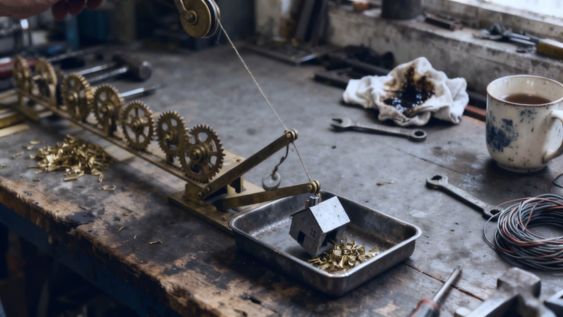 A brass gear train tipping a machined house block into a metal tray
